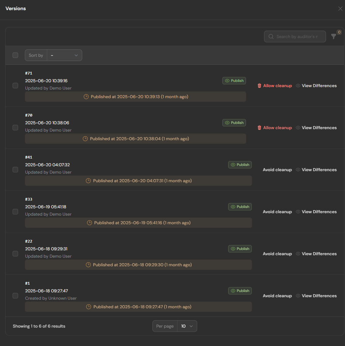 Listing content versions